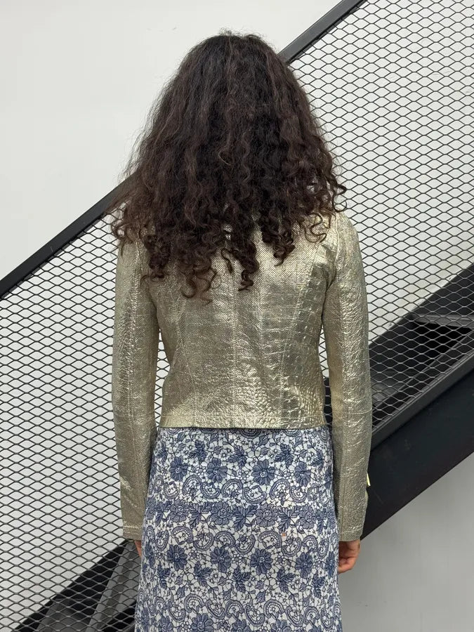 SS2015 Cavalli Golden Sequin Perforated Leather Jacket tiPPmnS 3