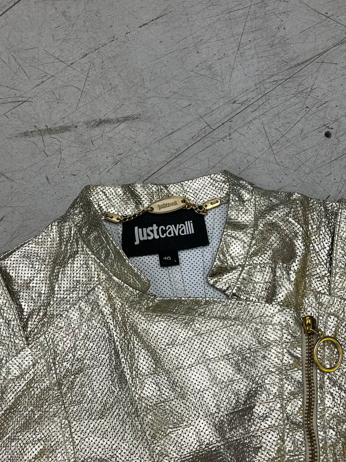 SS2015 Cavalli Golden Sequin Perforated Leather Jacket tiPPmnS 5