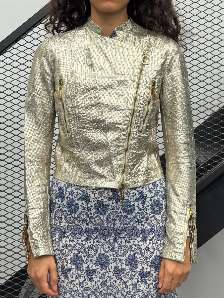 SS2015 Cavalli Golden Sequin Perforated Leather Jacket tiPPmnS 2