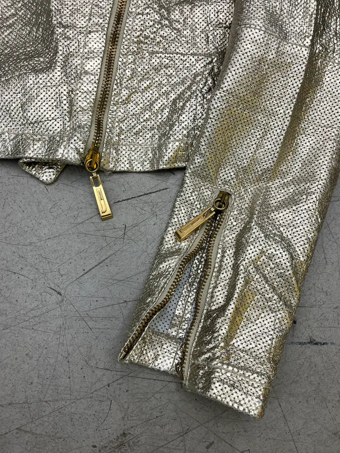 SS2015 Cavalli Golden Sequin Perforated Leather Jacket tiPPmnS 9