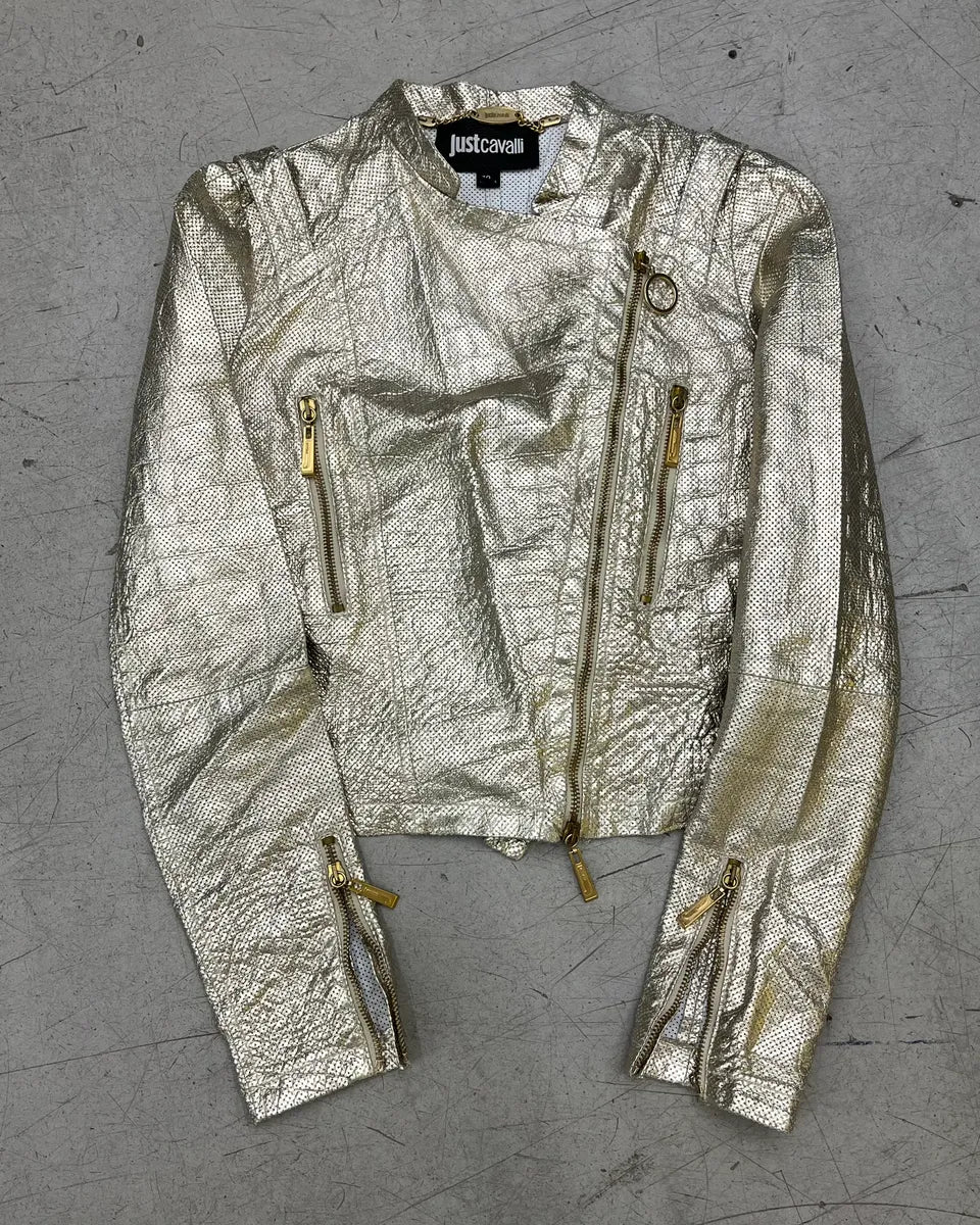 SS2015 Cavalli Golden Sequin Perforated Leather Jacket tiPPmnS 0