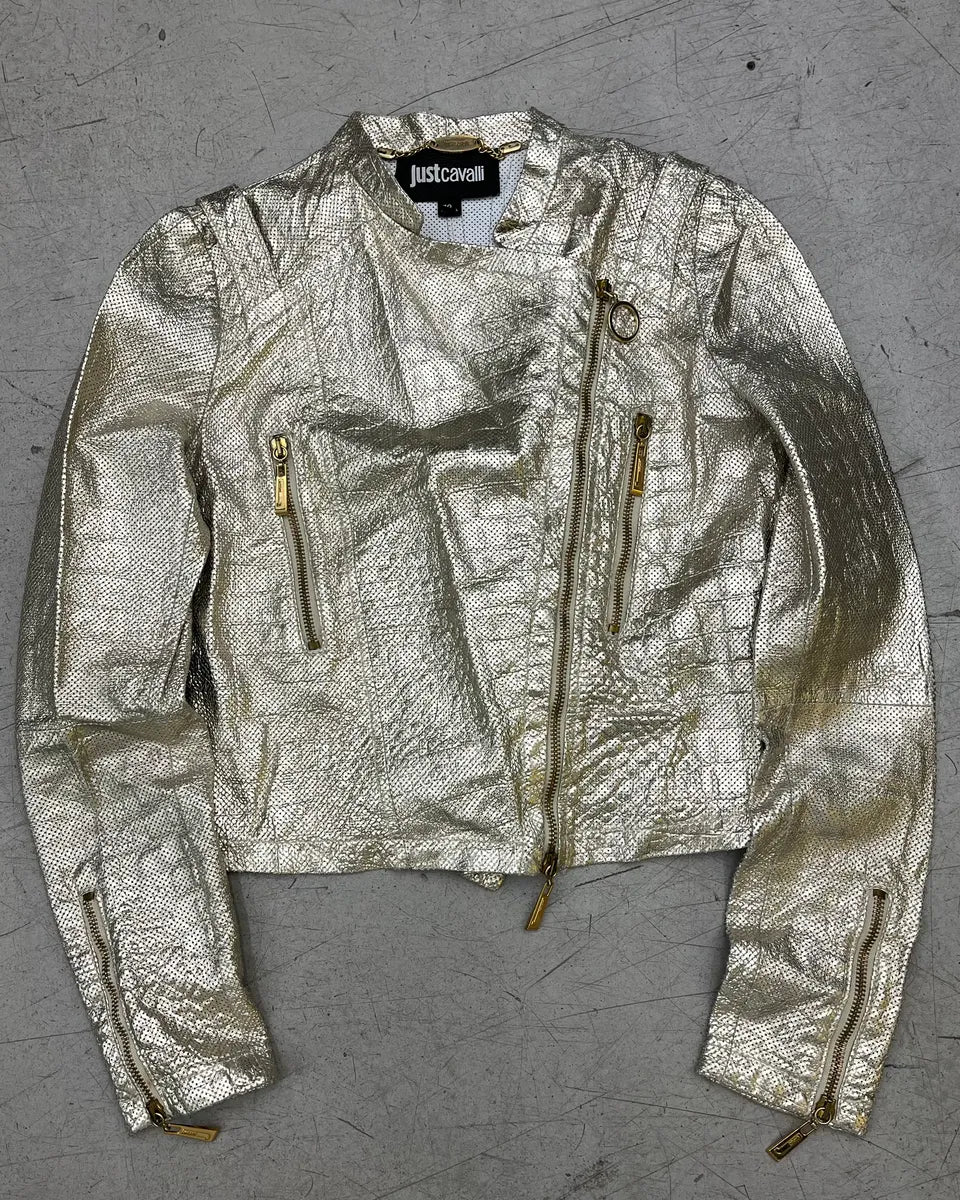 SS2015 Cavalli Golden Sequin Perforated Leather Jacket tiPPmnS 1