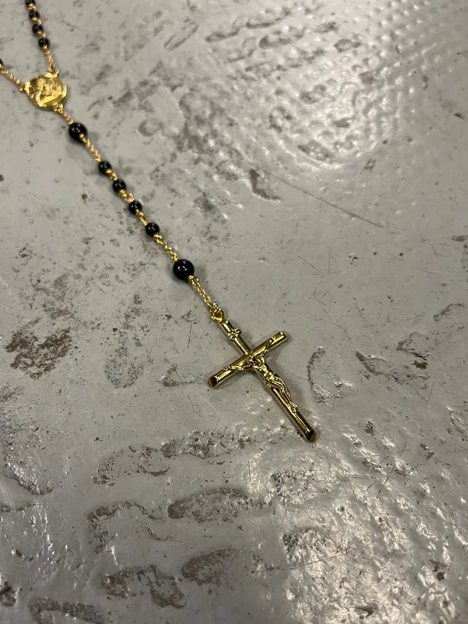 SS2015 Dolce & Gabbana Black Pearls Golden Rosary Cross Necklace XbUgCia 2