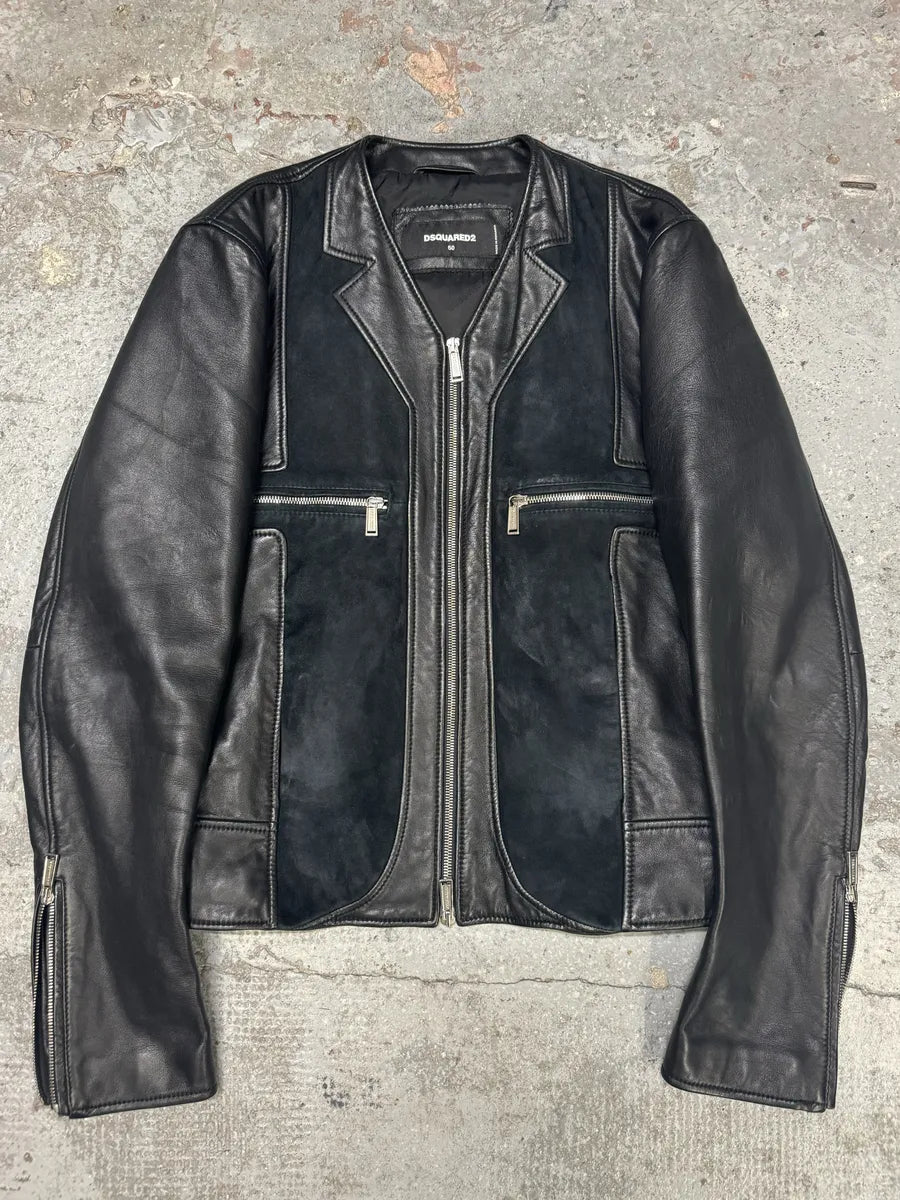 SS2015 DSquared2 Black Leather Hybrid Suede Leather Jacket (M) BMuHqsW 0