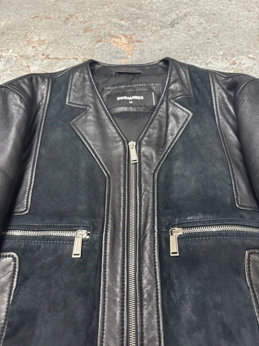 SS2015 DSquared2 Black Leather Hybrid Suede Leather Jacket (M) BMuHqsW 11