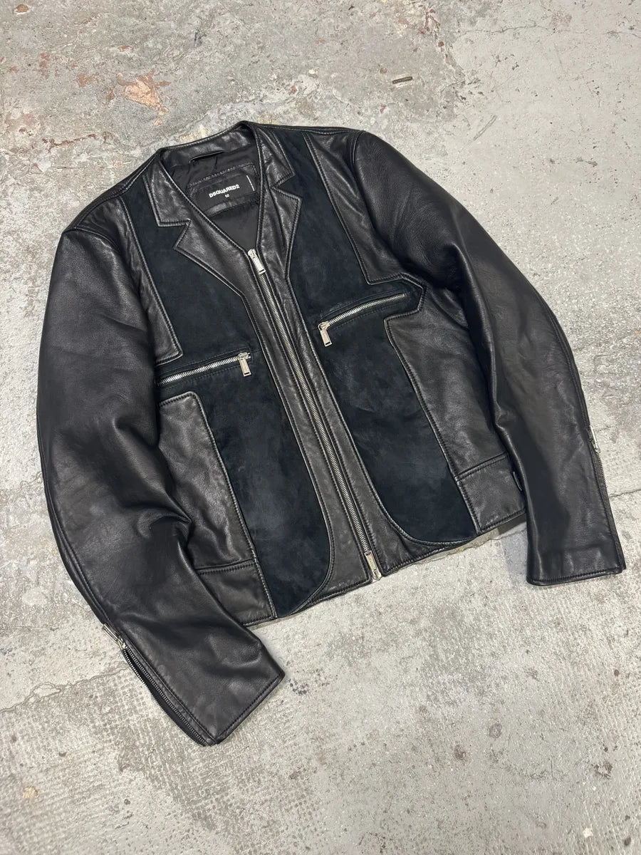 SS2015 DSquared2 Black Leather Hybrid Suede Leather Jacket (M) BMuHqsW 4
