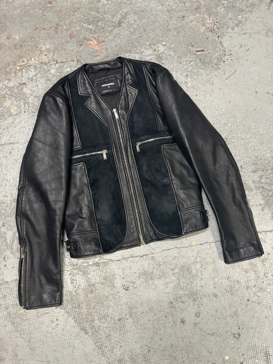 SS2015 DSquared2 Black Leather Hybrid Suede Leather Jacket (M) BMuHqsW 9