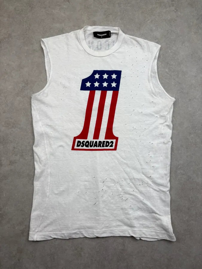 AW2015 Dsquared2 White 1 USA Flag Icon Distressed Tank Top suGeuxG 0