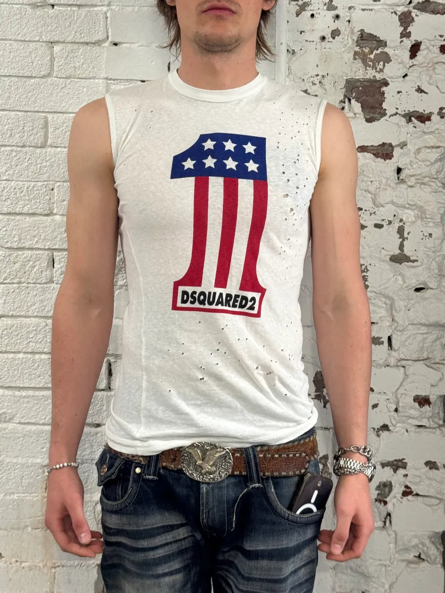 AW2015 Dsquared2 White Icon American Flag Tank Top GrYmugF 2