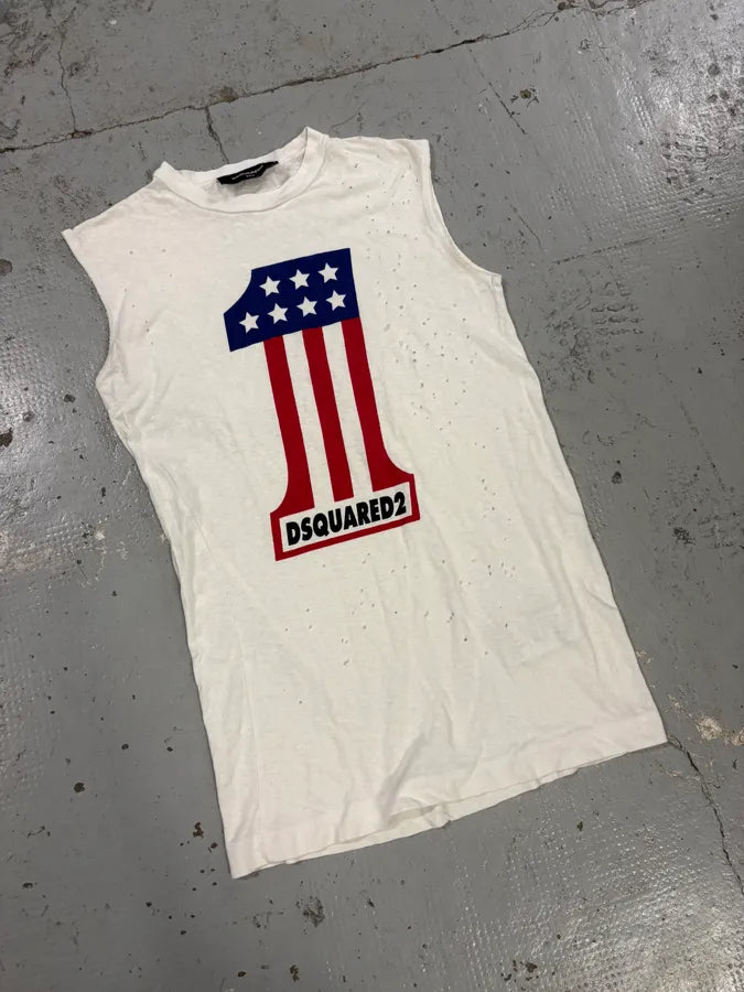 AW2015 Dsquared2 White Icon American Flag Tank Top GrYmugF 4