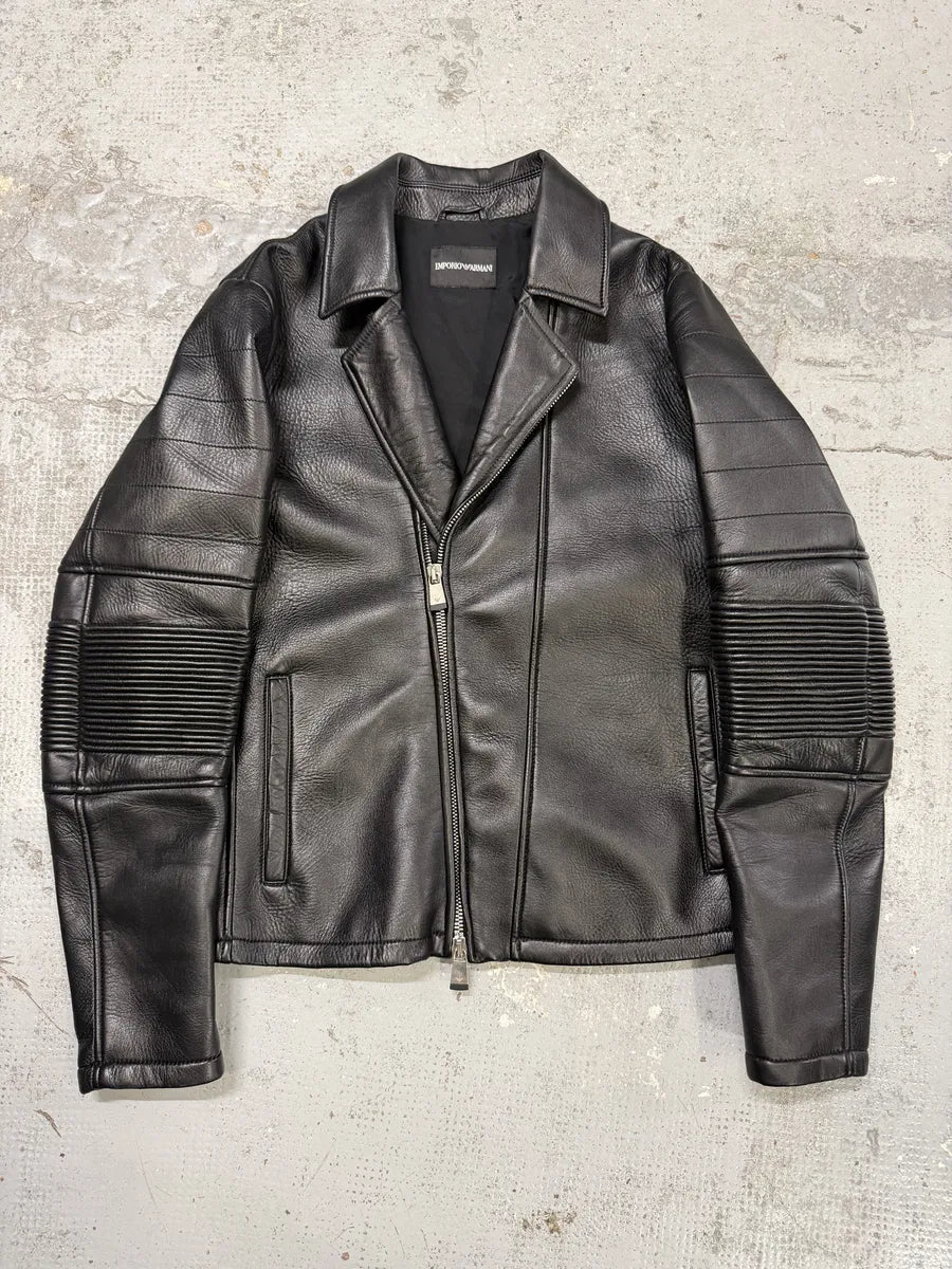 SS2015 Emporio Armani Black Asymmetrical Biker Leather Jacket gHmOUGz 0