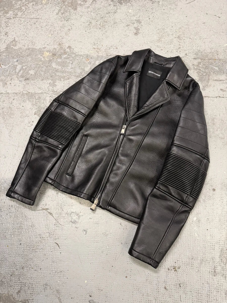 SS2015 Emporio Armani Black Asymmetrical Biker Leather Jacket gHmOUGz 6