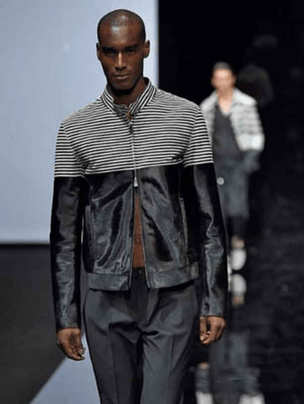 SS2015 Emporio Armani Black Pony Hair White Stripes Leather Biker Jacket CnEbnmi 1
