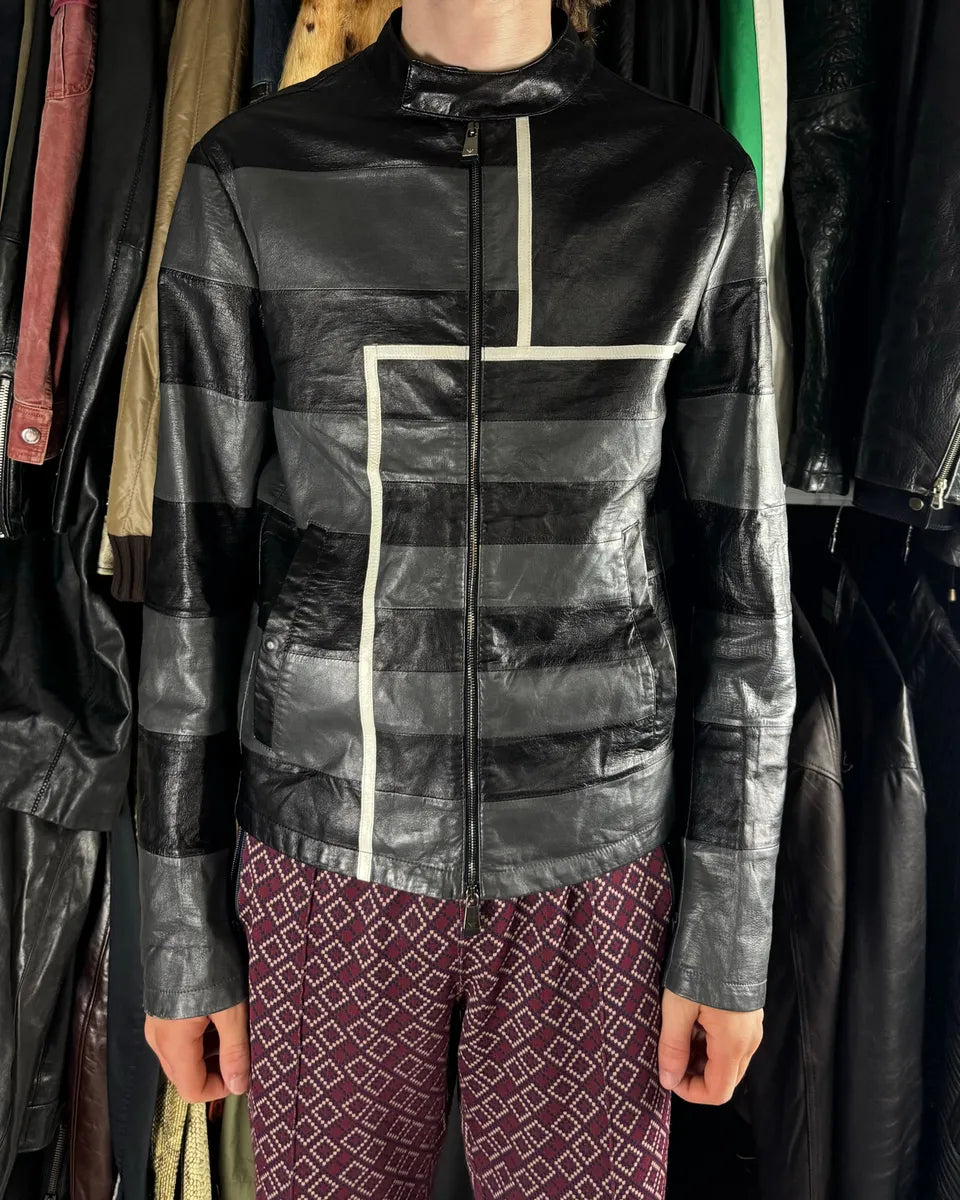 SS2015 Emporio Armani Dark Geometrical Black Racing Leather Jacket wQxRAdd 1