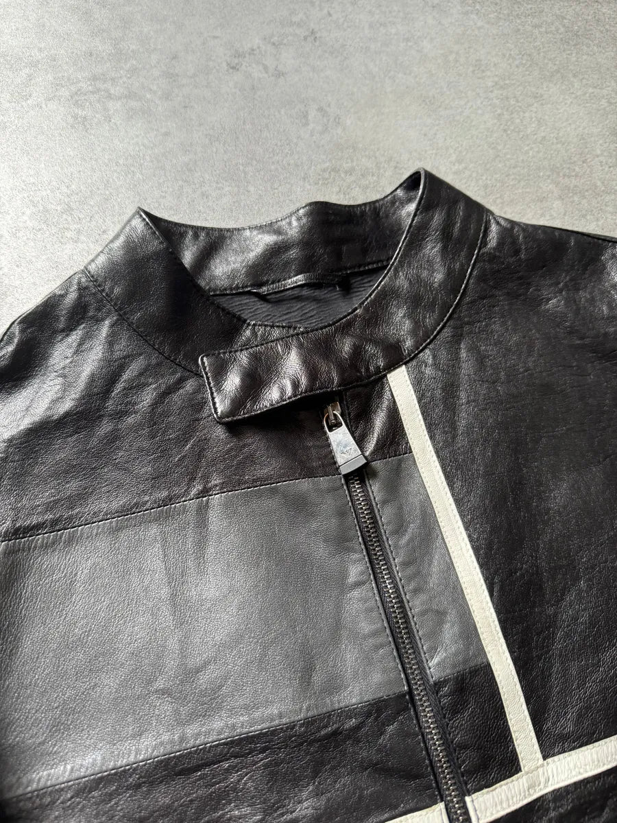 SS2015 Emporio Armani Dark Geometrical Black Racing Leather Jacket wQxRAdd 4