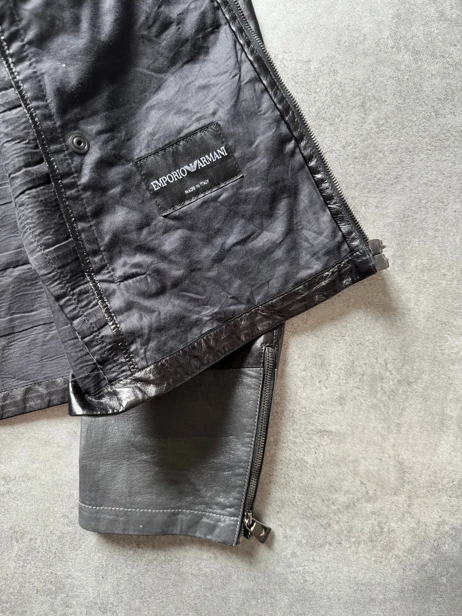 SS2015 Emporio Armani Dark Geometrical Black Racing Leather Jacket wQxRAdd 7