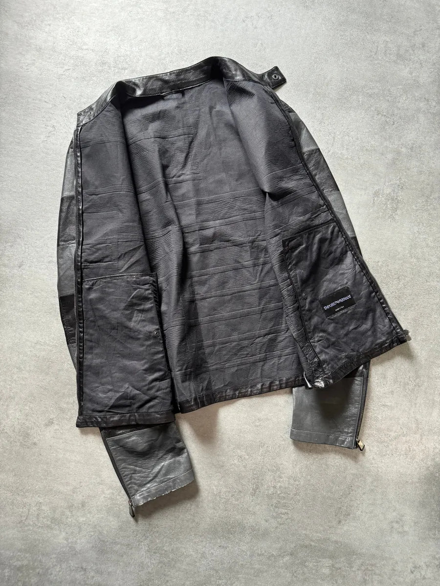 SS2015 Emporio Armani Dark Geometrical Black Racing Leather Jacket wQxRAdd 9