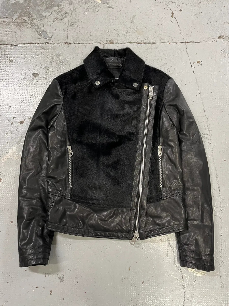 SS2015 Emporio Armani Pony Hair & Leather Black Perfecto Jacket sTiKrSE 0