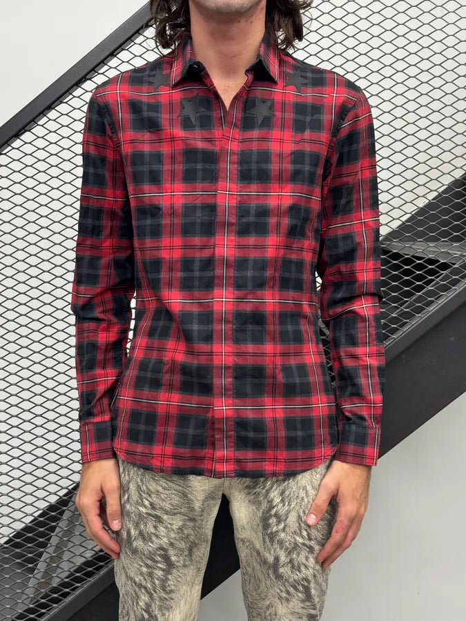 SS2015 Givenchy Red Black Plaid Star Patch Shirt giCsEeT 3