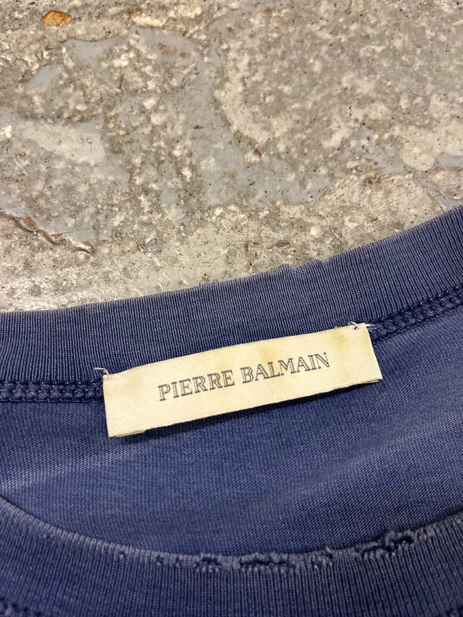 SS2015 Pierre Balmain Royal Blue Distressed T-Shirt lfoTNNE 7