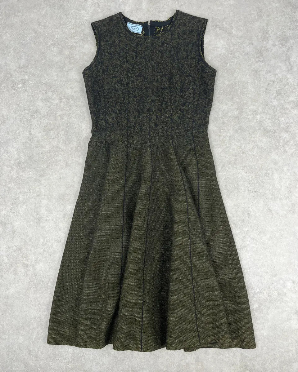 SS2015 Prada Black & Yellow Pixel Wool Fit-and-Flare Dress SymMwrw 0