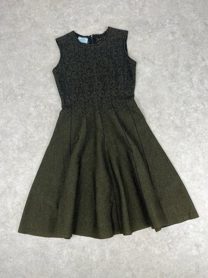 SS2015 Prada Black & Yellow Pixel Wool Fit-and-Flare Dress SymMwrw 4