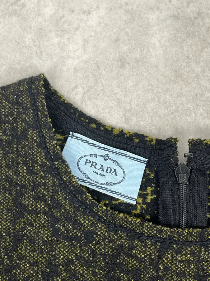 SS2015 Prada Black & Yellow Pixel Wool Fit-and-Flare Dress SymMwrw 8