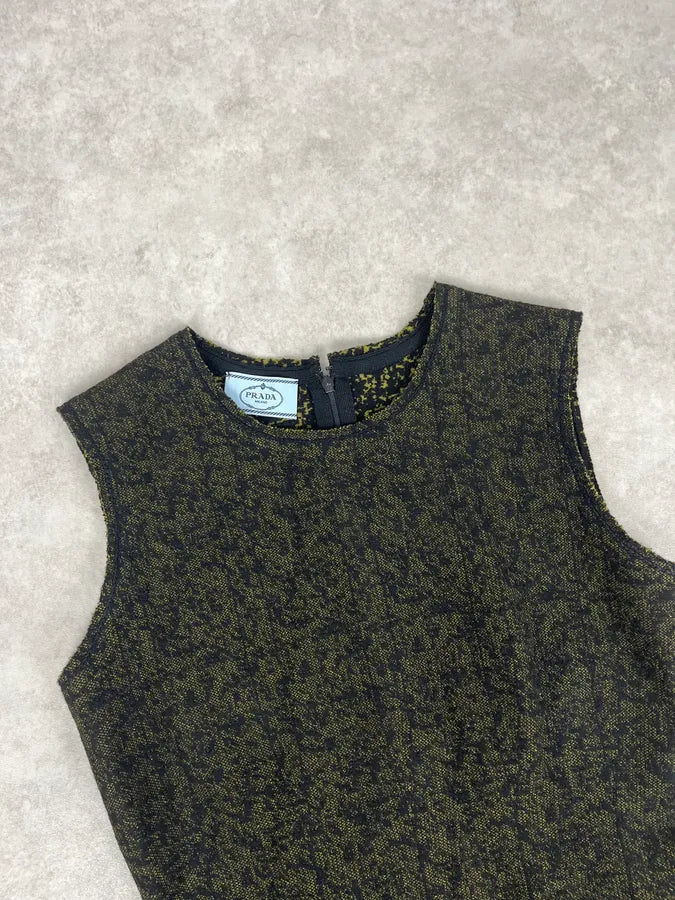 SS2015 Prada Black & Yellow Pixel Wool Fit-and-Flare Dress SymMwrw 3