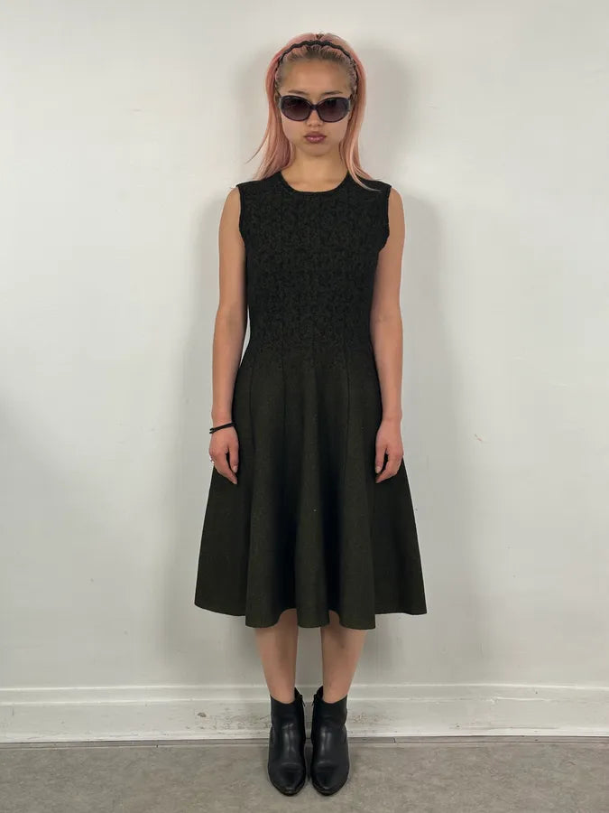 SS2015 Prada Black & Yellow Pixel Wool Fit-and-Flare Dress SymMwrw 1