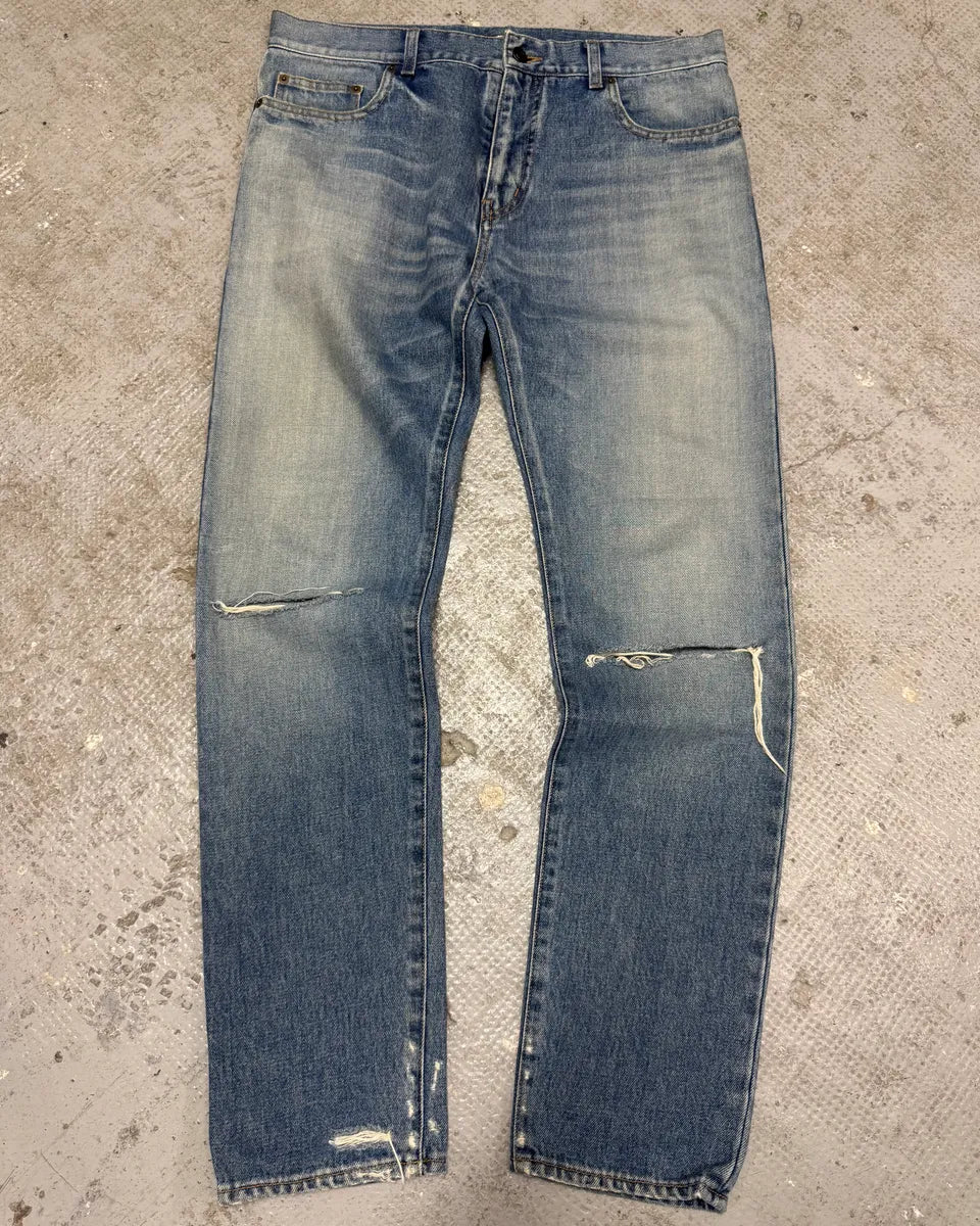 SS2015 Saint Laurent Blue Faded Distressed Slim Denim Jeans SRQIBfD 0