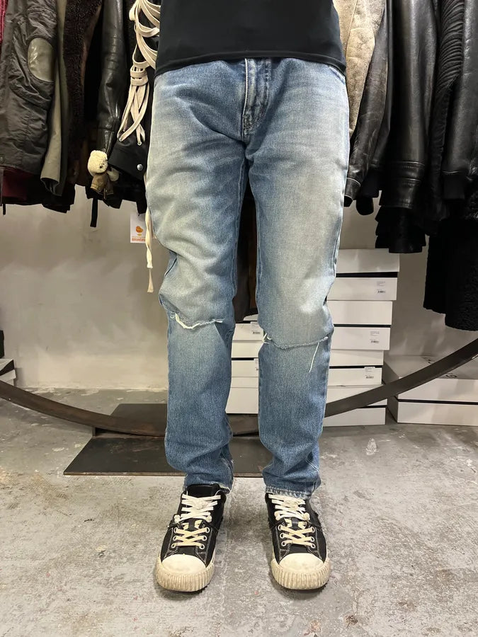 SS2015 Saint Laurent Blue Faded Distressed Slim Denim Jeans SRQIBfD 1
