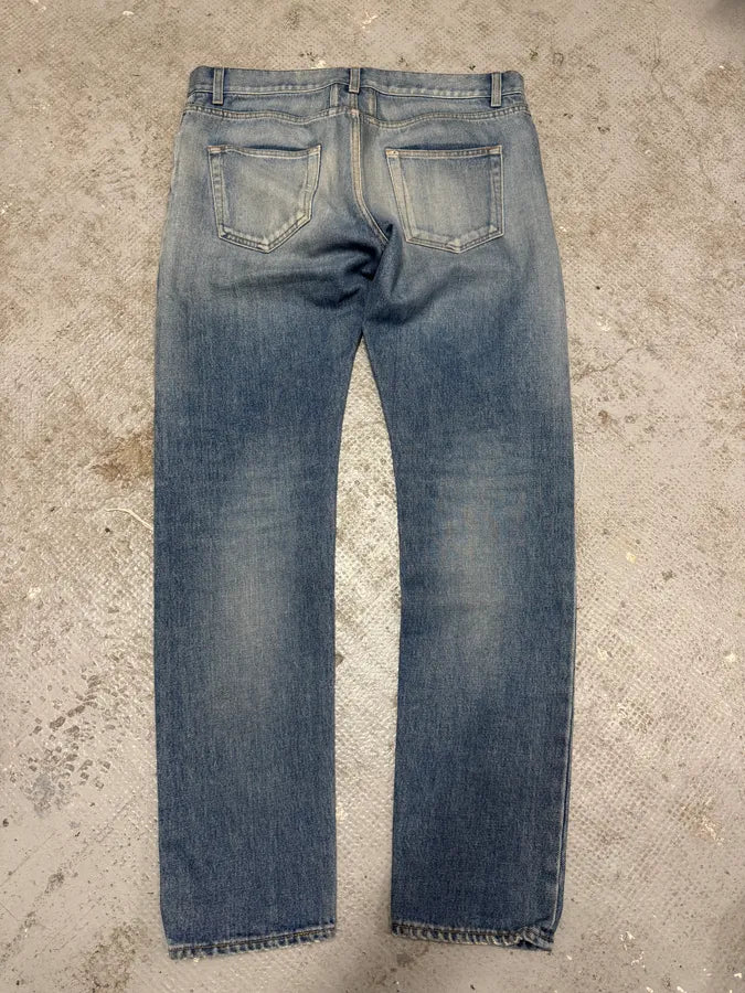 SS2015 Saint Laurent Blue Faded Distressed Slim Denim Jeans SRQIBfD 4