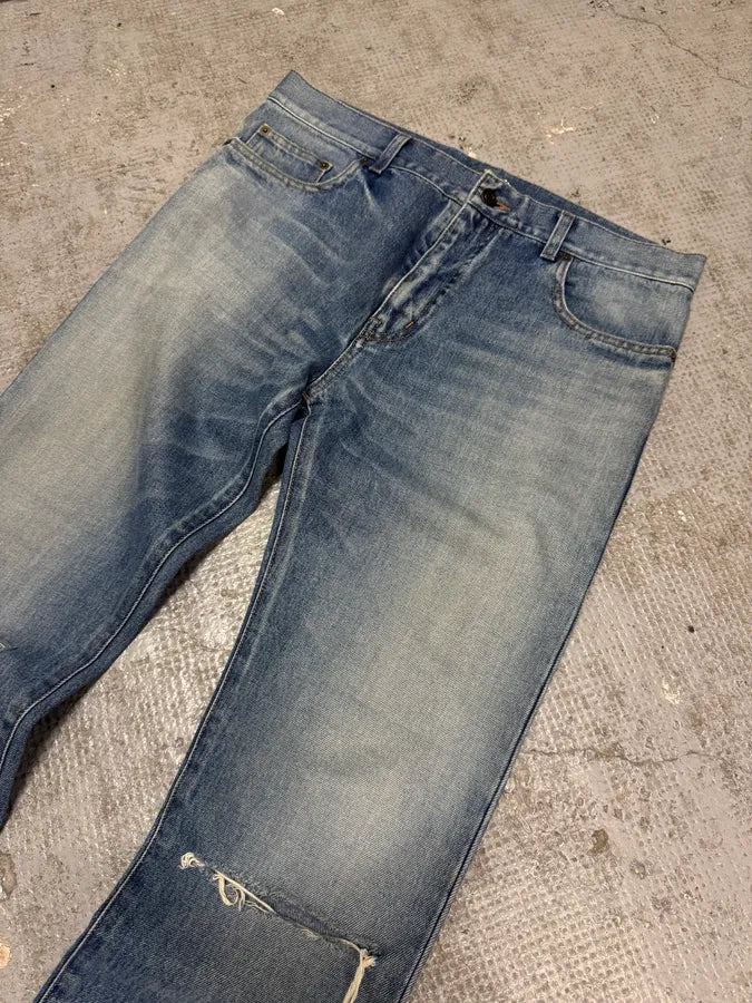 SS2015 Saint Laurent Blue Faded Distressed Slim Denim Jeans SRQIBfD 6