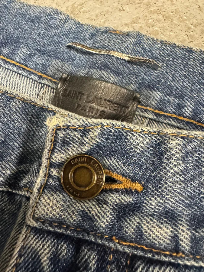 SS2015 Saint Laurent Blue Faded Distressed Slim Denim Jeans SRQIBfD 8