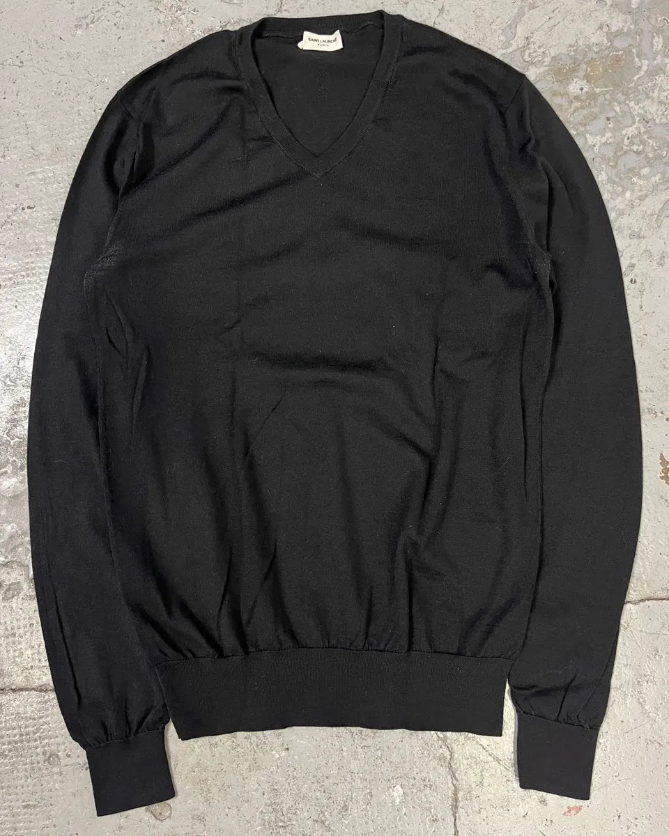 SS2015 Saint Laurent Paris Black Wool V Neck Minimalist Sweater (XS/S) aQCyUof 0