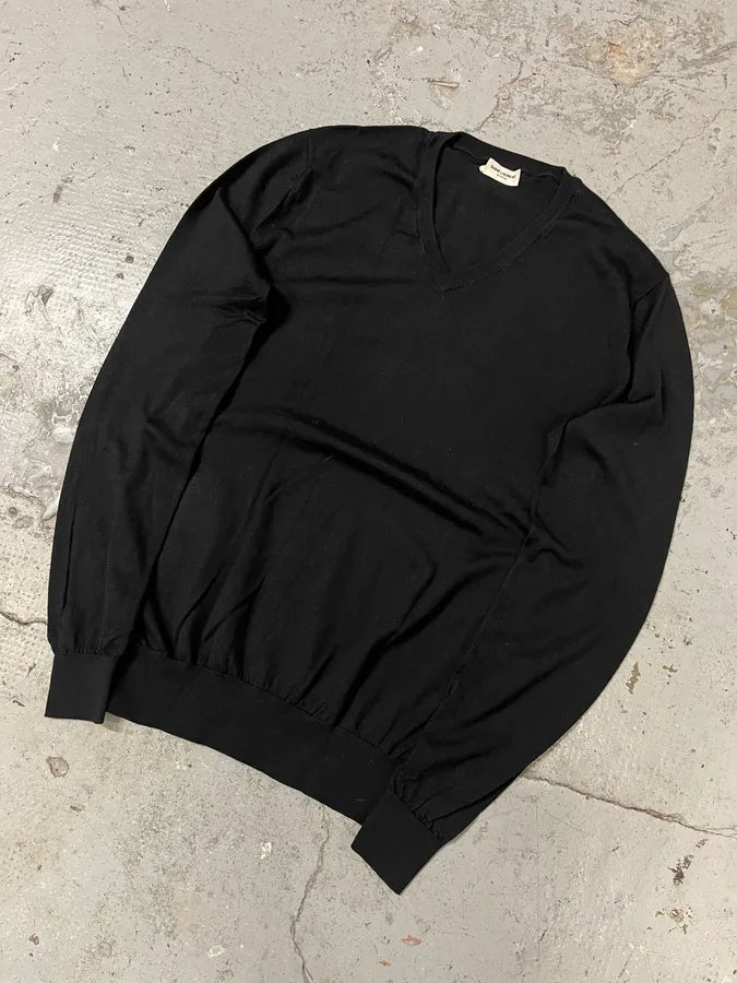 SS2015 Saint Laurent Paris Black Wool V Neck Minimalist Sweater (XS/S) aQCyUof 4