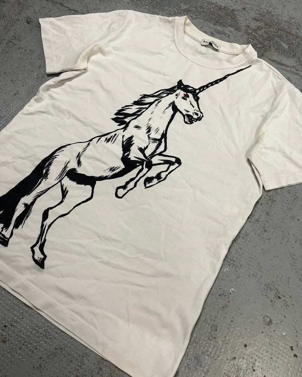 SS2016 Balenciaga White Unicorn Horse T-Shirt YxPWiFY 3