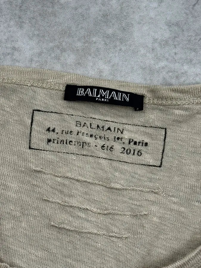 SS2016 Balmain Beige Cargo Laced Linen Henley Sweater QuJYkgx 9