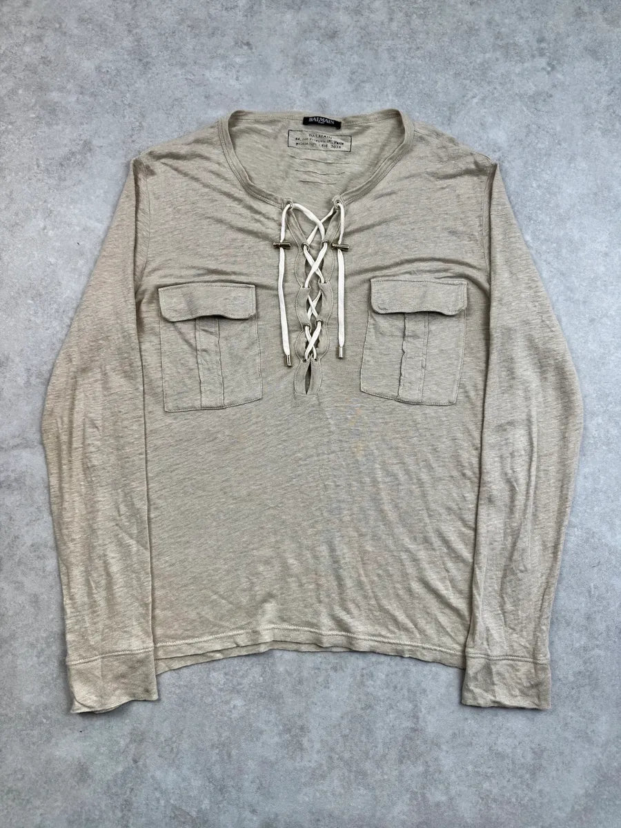 SS2016 Balmain Beige Cargo Laced Linen Henley Sweater QuJYkgx 0