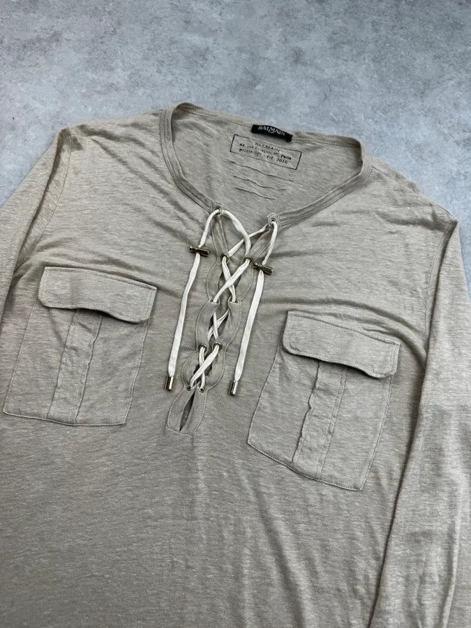 SS2016 Balmain Beige Cargo Laced Linen Henley Sweater QuJYkgx 5