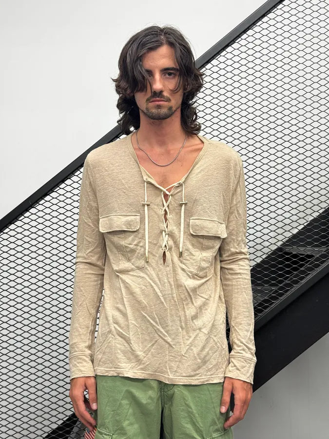 SS2016 Balmain Beige Cargo Laced Linen Henley Sweater QuJYkgx 3