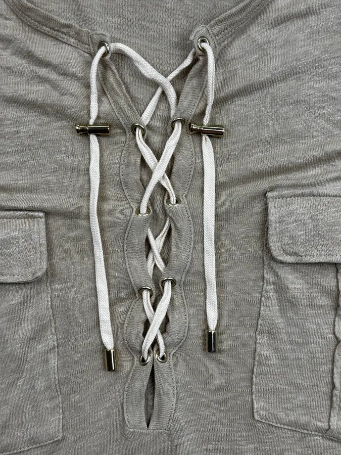 SS2016 Balmain Beige Cargo Laced Linen Henley Sweater QuJYkgx 7