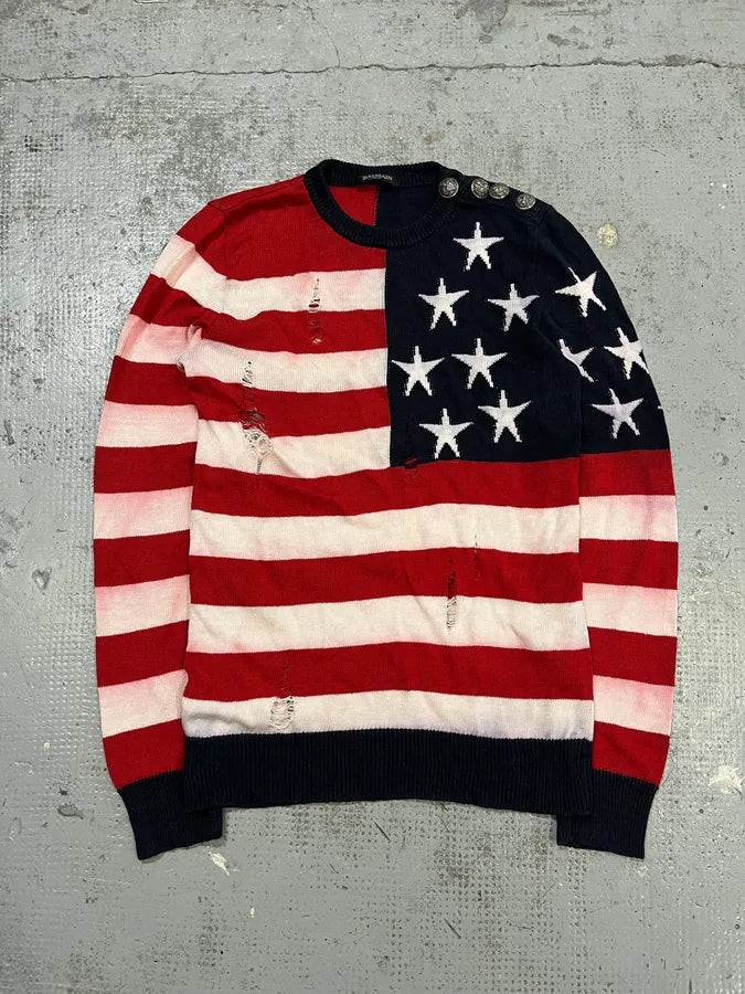 SS2016 Balmain USA Flag Distressed Buttoned Sweater UjzzgRY 0