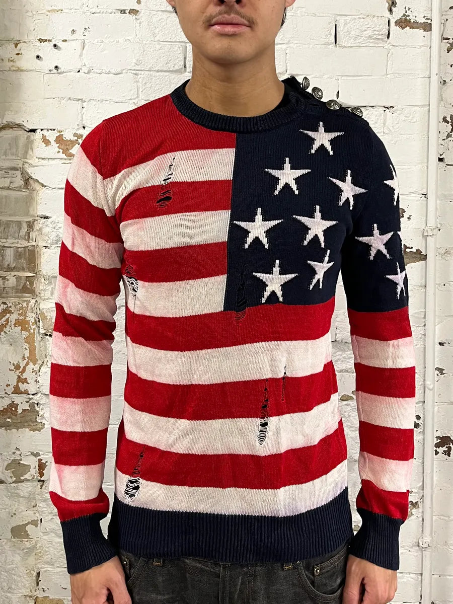 SS2016 Balmain USA Flag Distressed Buttoned Sweater UjzzgRY 1