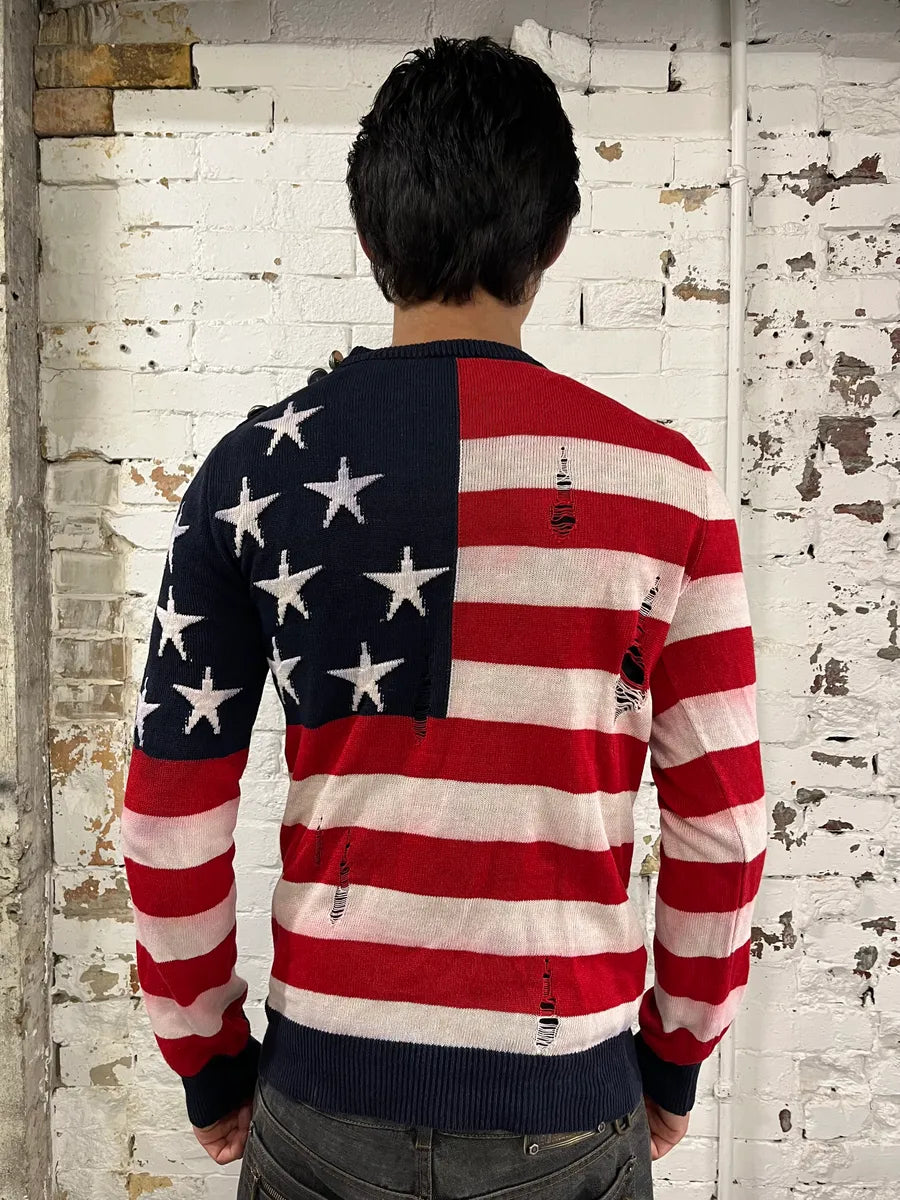 SS2016 Balmain USA Flag Distressed Buttoned Sweater UjzzgRY 2