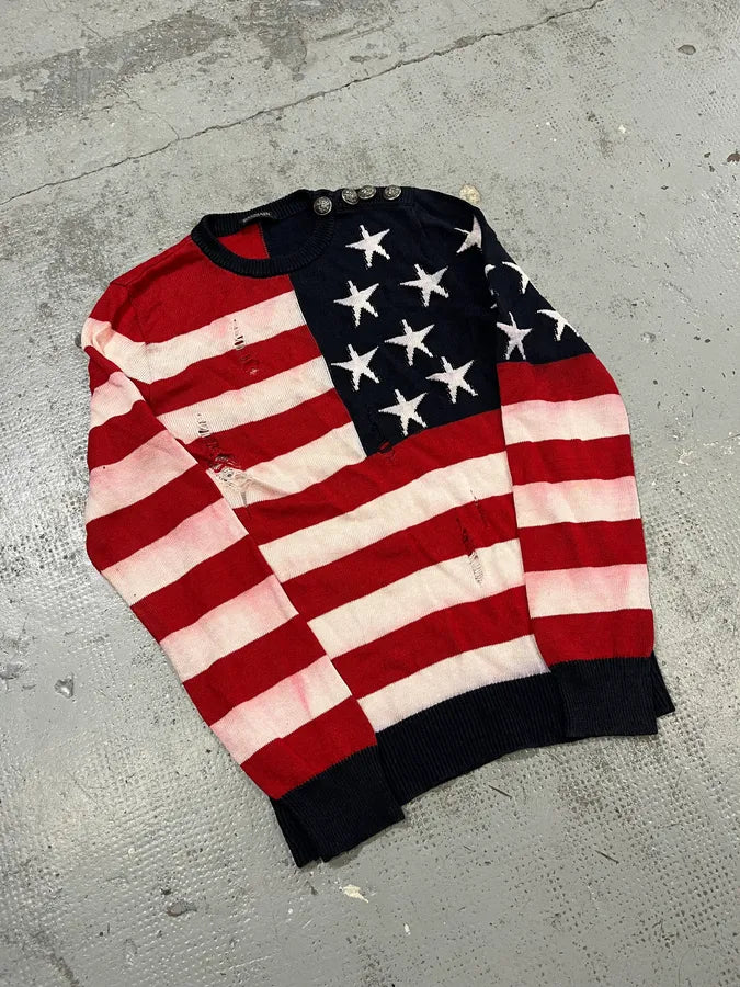SS2016 Balmain USA Flag Distressed Buttoned Sweater UjzzgRY 3