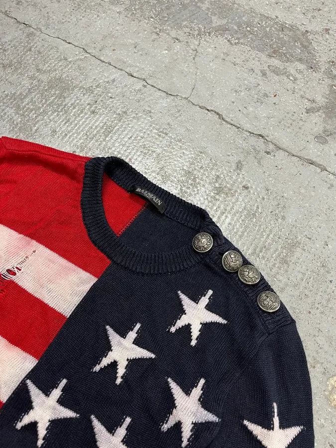 SS2016 Balmain USA Flag Distressed Buttoned Sweater UjzzgRY 4