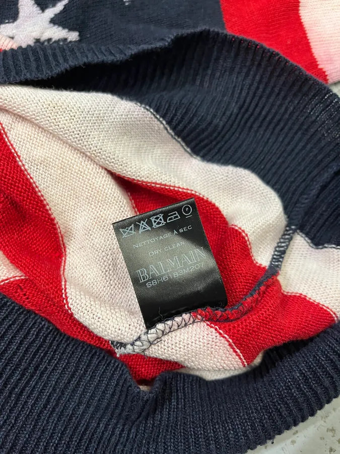 SS2016 Balmain USA Flag Distressed Buttoned Sweater UjzzgRY 9