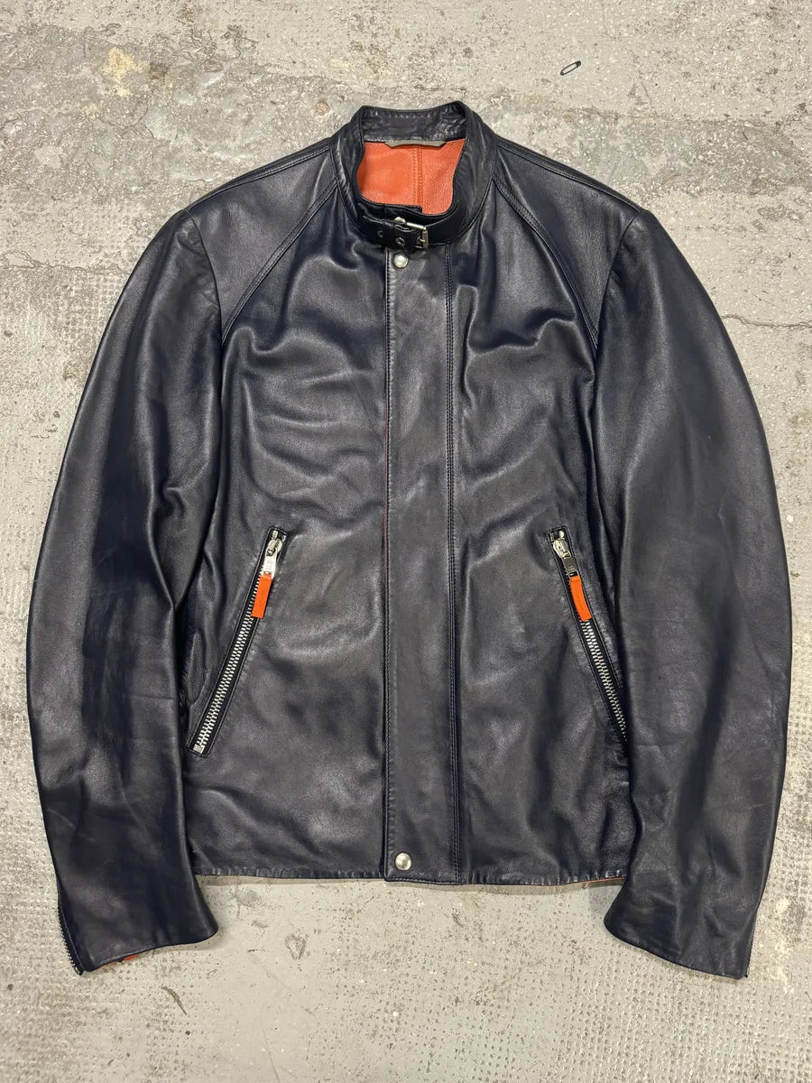 SS2016 Dior Homme Navy Leather Orange Lining Jacket qskBovi 0
