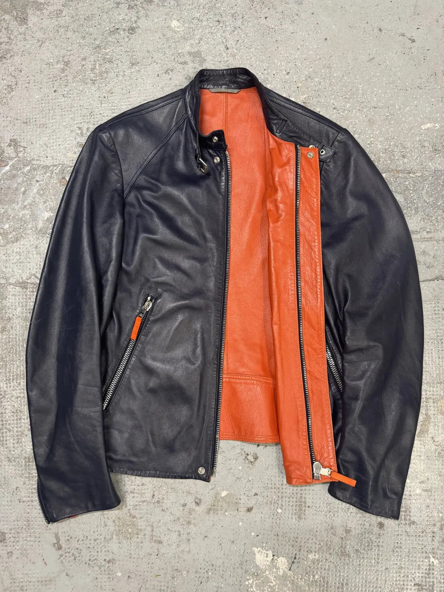 SS2016 Dior Homme Navy Leather Orange Lining Jacket qskBovi 1